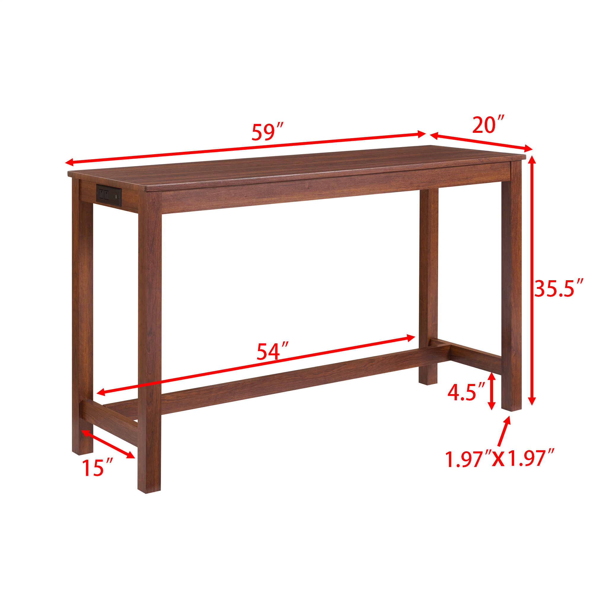 Aukfa 59" Bar Table Set with Charging Station, 4-Piece Counter Height Kitchen Island Set,3 Upholstered Stools,Cherry