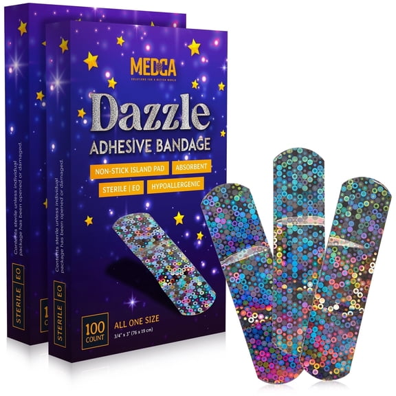 MEDca Glitter Kids Bandages, 3/4" x 3", Latex-Free, Breathable, Multicolor, 200 Count