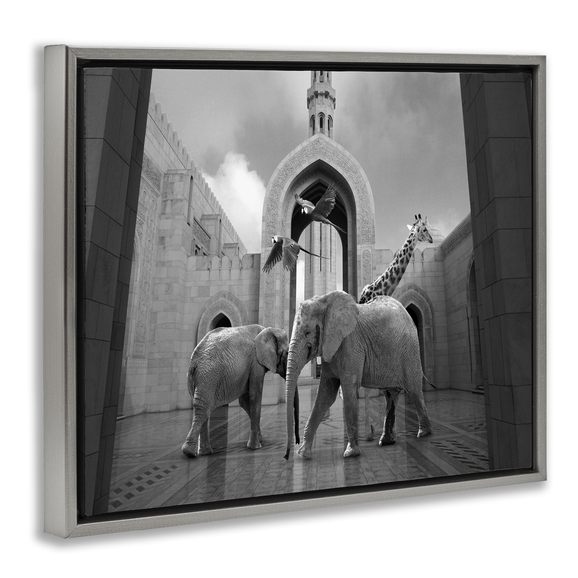 Stupell Industries Animals In Arabesque Architecture Animals & Insects Painting Gray Floater Framed Canvas Art Print Wall Art, 21 x 17