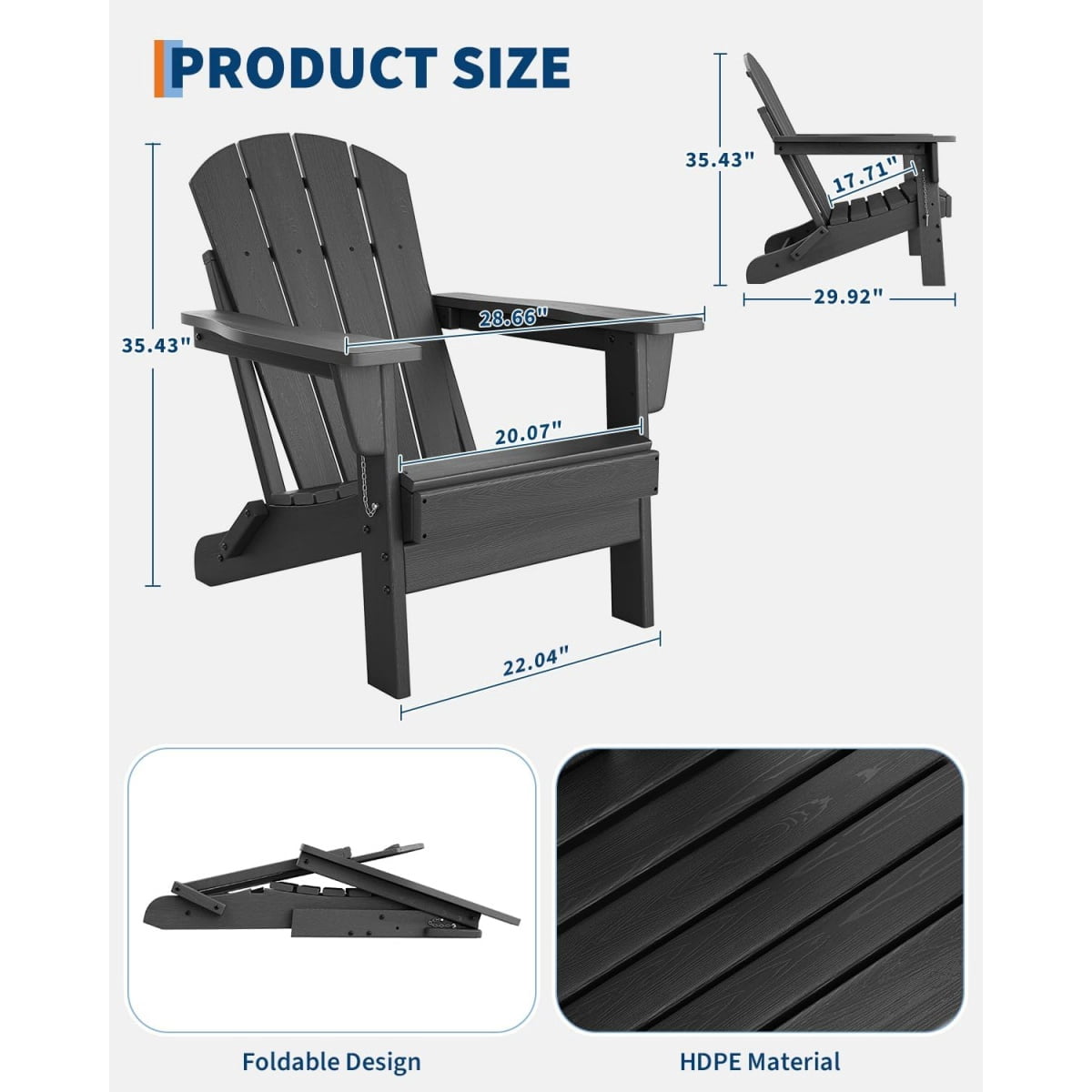 1PC Folding Adirondack Chair, HDPE Outdoor All-Weather Fire Pit Chairs, Outdoor Wooden Lounge Chair, Modern Lounger Adirondack Chairs Ergonomic Extended Backrest for Deck, Patio, Pool, Backyard