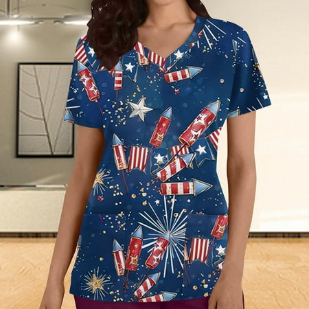 

Lolmot 4th of July Scrub Tops Women V Neck American Flag Prints Tshirts Independence Day Patriotic Working Uniforms Pocketed Holiday Shirt on Clearance