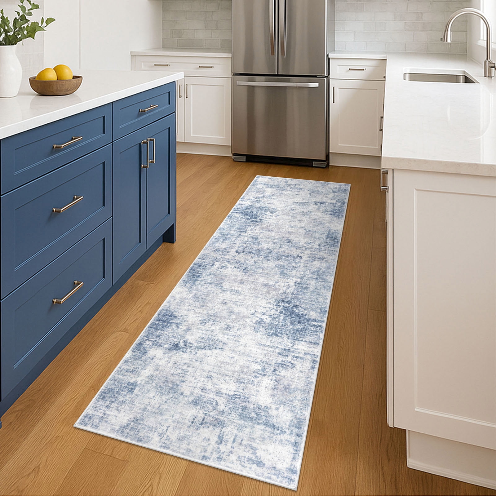 iOhouze Runner Rugs 2x6 Washable Runner Rug for Hallways Non Slip Kitchen Runner Low Pile Soft Printed Faux Wool Abstract Floor Runner for Inodoor Bedroom Entryway Laundry Room, Light Blue/Grey/White