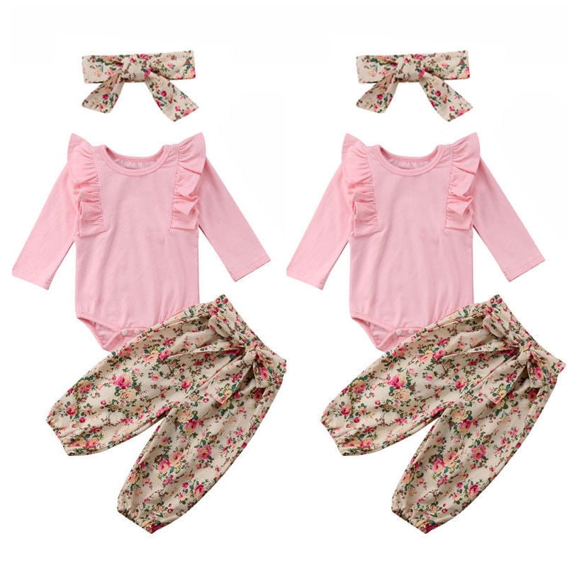 3PCS Clothes Set Newborn Toddler Baby Girl Romper Bodysuit Jumpsuit Floral Halen Pants Outfit Clothes