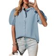 thumbnail image 4 of Womens Puff Sleeve Button Down Shirts Cotton Pleated Loose Fit Tops Summer Dressy Casual Blouses, 4 of 8