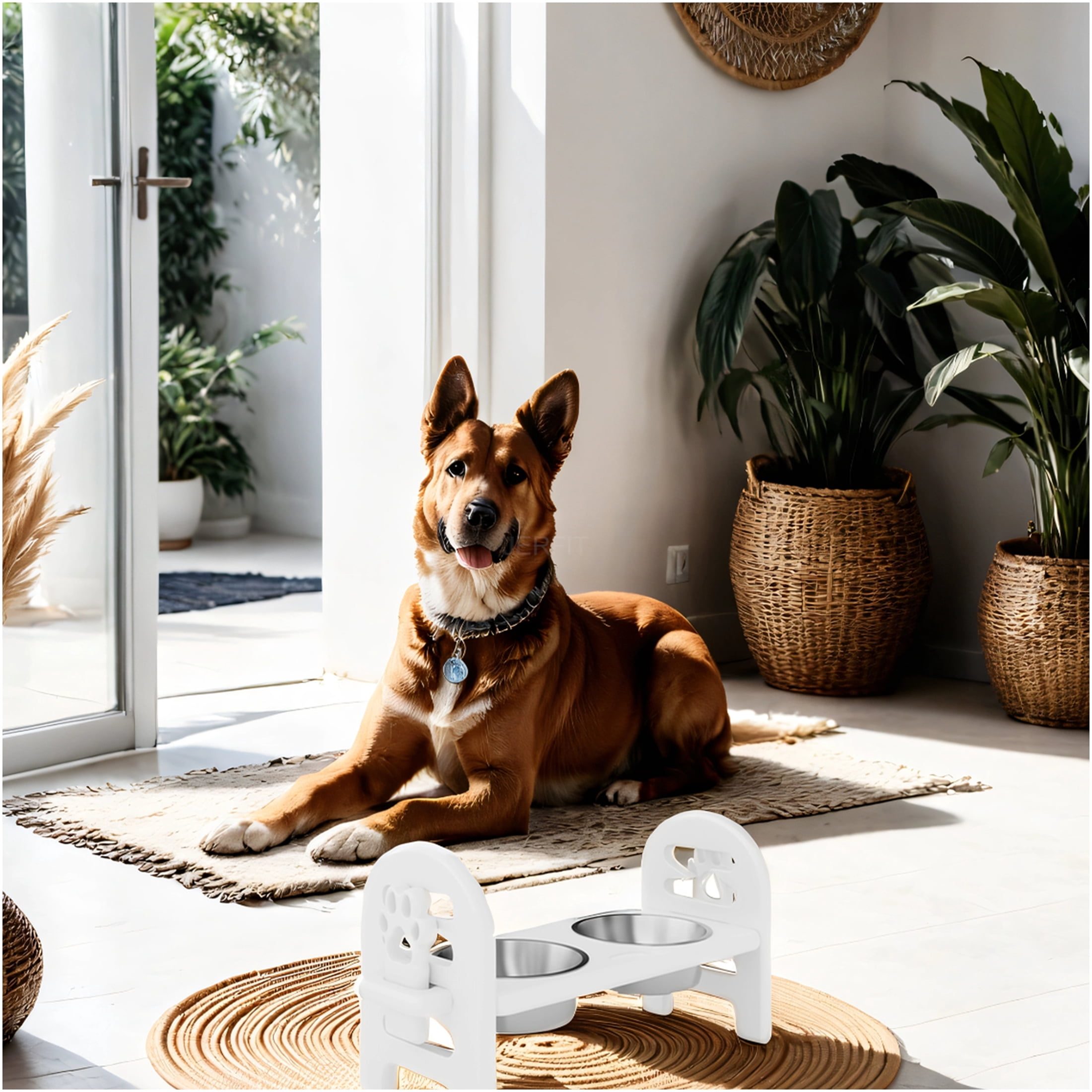 JERFIT Adjustable Pet Bowl, Collapsible Travel Dog Bowl for Food & Water, Portable & Durable HDPE Elevated Feeder, Eco-Friendly Recycled Plastic, White