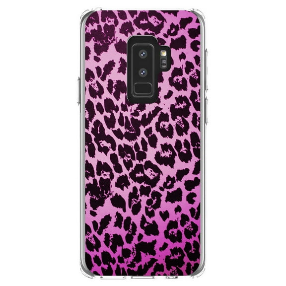 DistinctInk Clear Shockproof Hybrid Case for Samsung Galaxy S9  PLUS (6.2" Screen) - TPU Bumper, Acrylic Back, Tempered Glass Screen Protector - Pink Purple Leopard Skin Spots