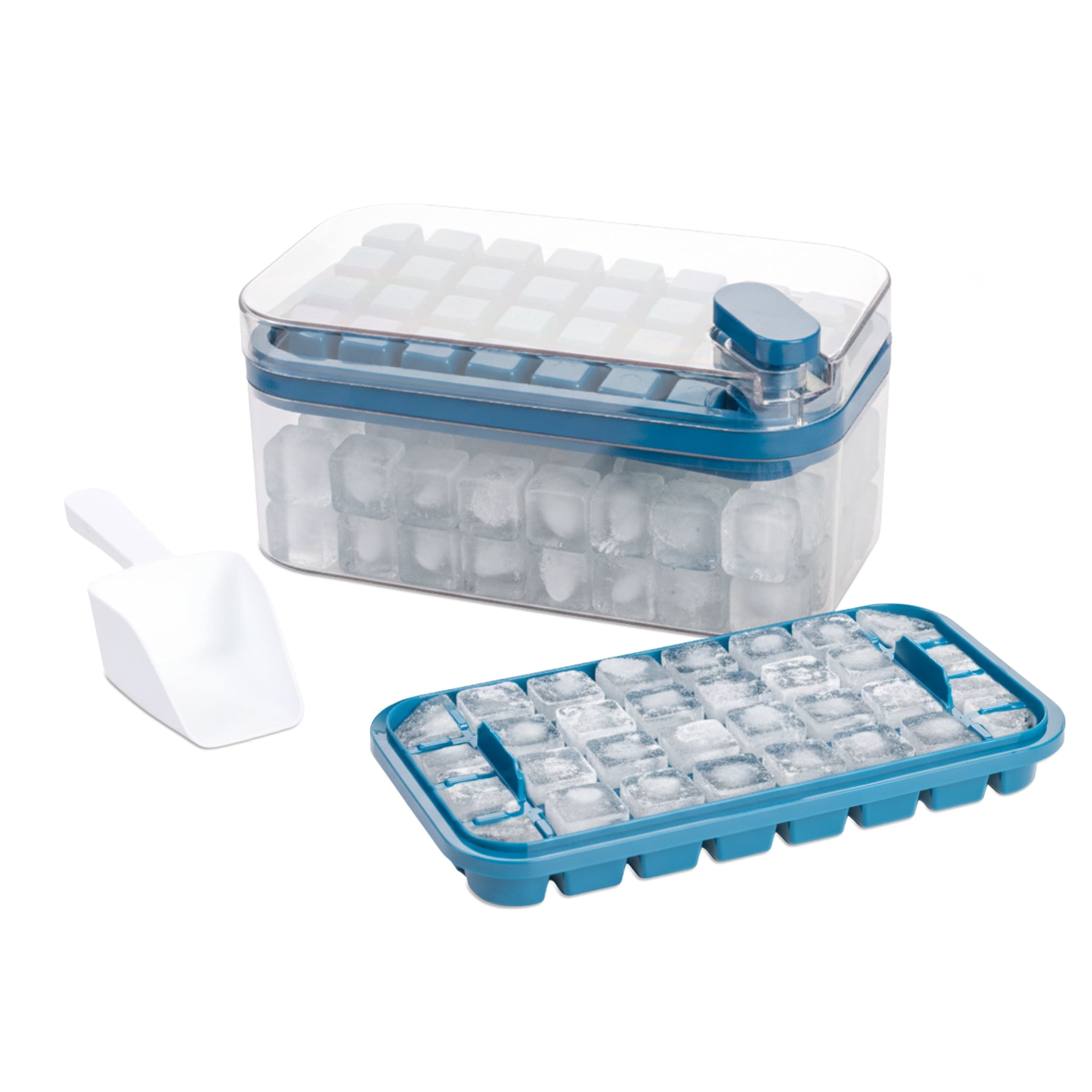 Mainstays 4-Piece Ice Cube Tray Set with Bin and Scoop for Freezer Storage