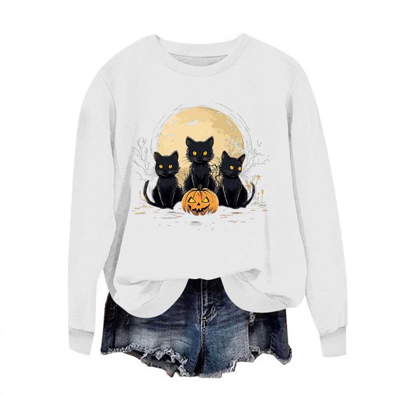 Idoravan Womens Tops Long Sleeve Shirts for Women Plus Size Women's Loose And Casual Halloween Printed Long-sleeved Round-neck Capless Sweater White XXL