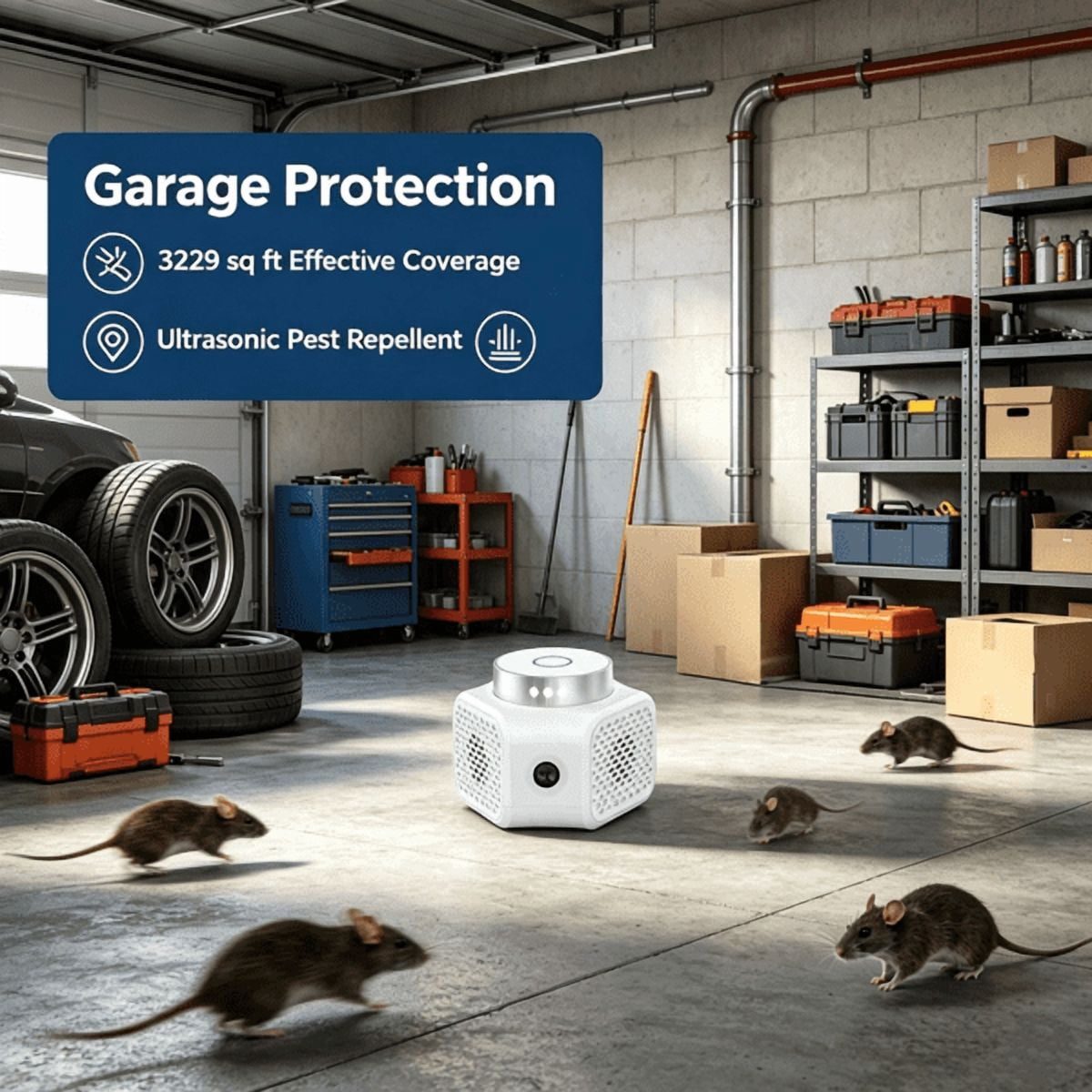 Indoor Ultrasonic Electronic Device, Dual Ultrasonic Speakers with 22‑35KHz & 25KHz Frequency, 4 Operation Modes, 9‑LED Strobe Light, Rated 3229 Sq.ft Coverage for Home Garage Basement Warehouse