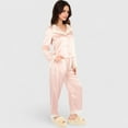 thumbnail image 6 of Lounge Women's Satin Pajama Set with Lace Trim and Button-Up Long Sleeve Top - Large, Pink, 6 of 7