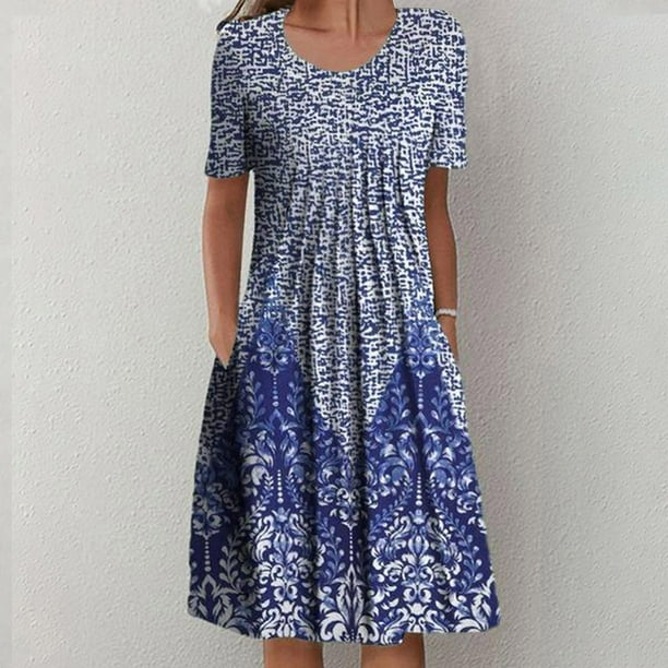 ICHUANYI Clearance Women's Summer Casual Round Neck Short Sleeve Folding Floral Printed Dresses(Navy, M) ICHUANYI WER2023080704251
