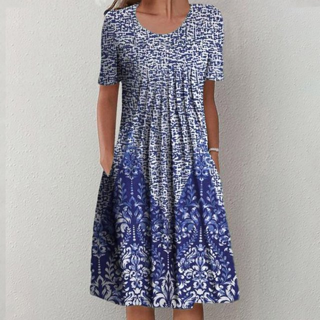 EGNMCR Robes de Fête pour Femmes Robe d'Été Décontractée pour Femme à Col Rond, Manches Courtes, Plissée, à Imprimé Floral