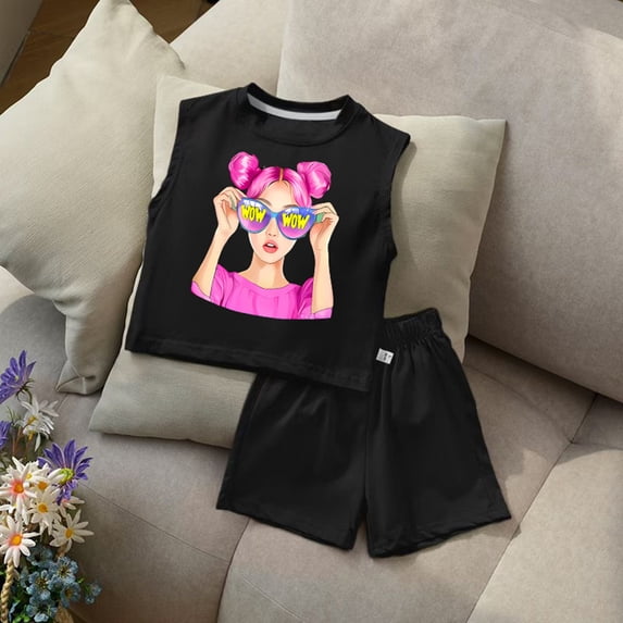 SONGGE Girls Summer Outfit Sets 2 Piece Cute Toddler Tank Tops And Shorts Casual Playwear Soft Breathable Comfortable Outfit Sets For Baby Girl Cartoon Cozy Clothes Sets