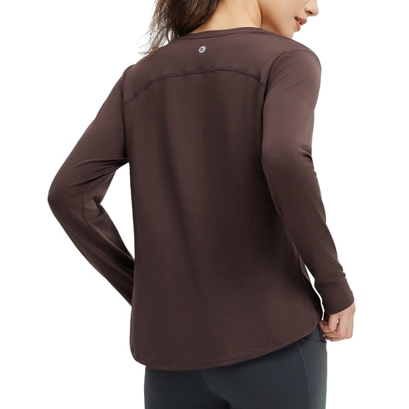 baleaf Women's Long Sleeve Workout Shirts Lightweight Quick Dry Running Athletic Yoga Tops with Curved Hem Thumb Loop Dark Brown L