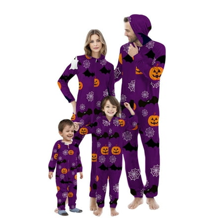

WREESH Family Matching Halloween Pajamas for Toddler Boys Girls Cobwebs Pumpkin Print Zipper Hooded Jumpsuit Onesie Sleepwear for Themed Parties Multicolor