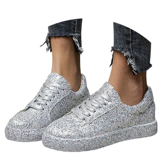 HXWCHs Women's Fashion Glitter On Casual Flat Loafers with Sparkly Rhinestone Ankle Strap for Evening Party Comfort42 Silver