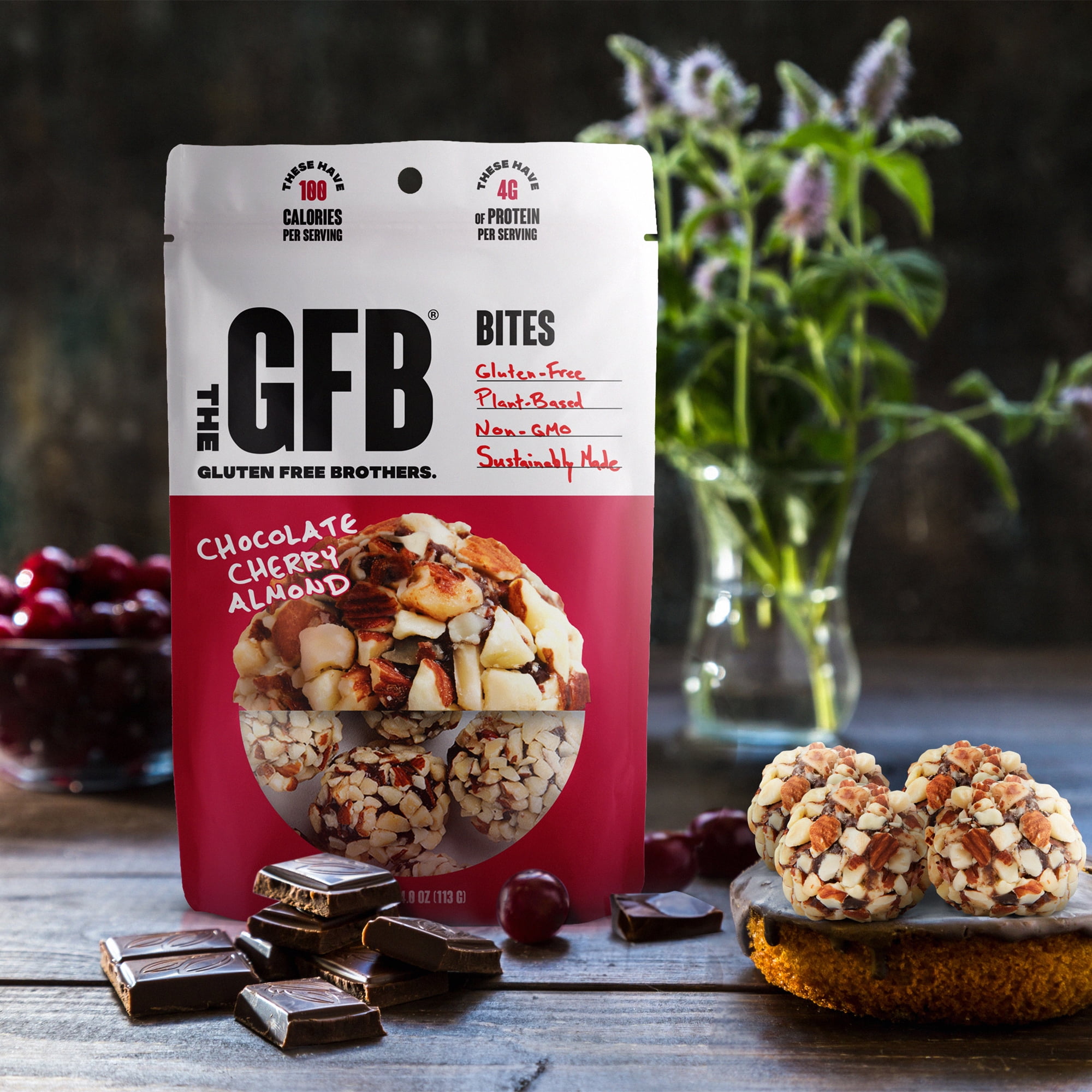 The Gluten Free Brothers Chocolate Cherry Almond Bites - Gluten Free Protein Balls – Non GMO, Soy Free, Vegan – Snack Size Plant Based Protein Energy Balls, 4 Oz (6 Count)