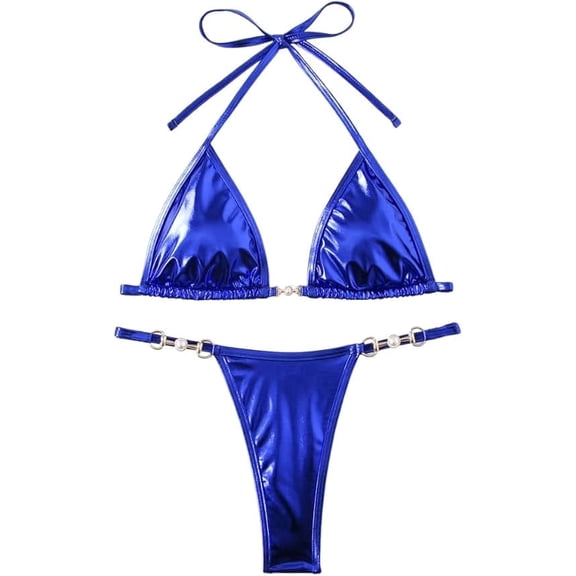 Women's Sexy Solid Metallic Bikini Set Y2K Two Piece Swimsuit Full Coverage Bathing Suit Push Up Swimwear for Women