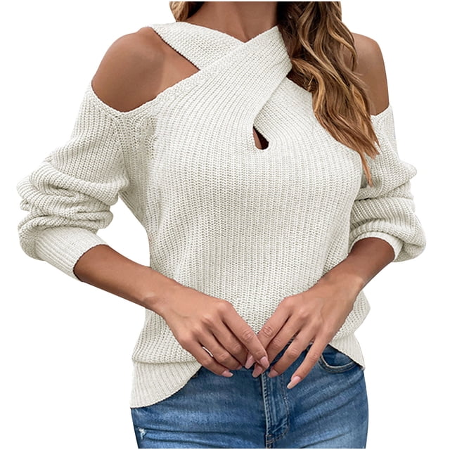 Suéter de cuello redondo de manga larga sólido informal de moda sexy para mujer Pompotops hdfakjf10442