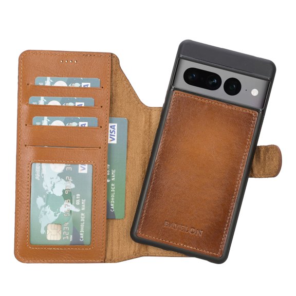 Bayelon Google Pixel 7 Pro Case, Full Grain Leather Wallet Case, Detachable Magnetic Flip Cover with Card Slots, Kickstand, Case for Google Pixel 7 Pro Compatible with Wireless Charge (Rustic Tan)