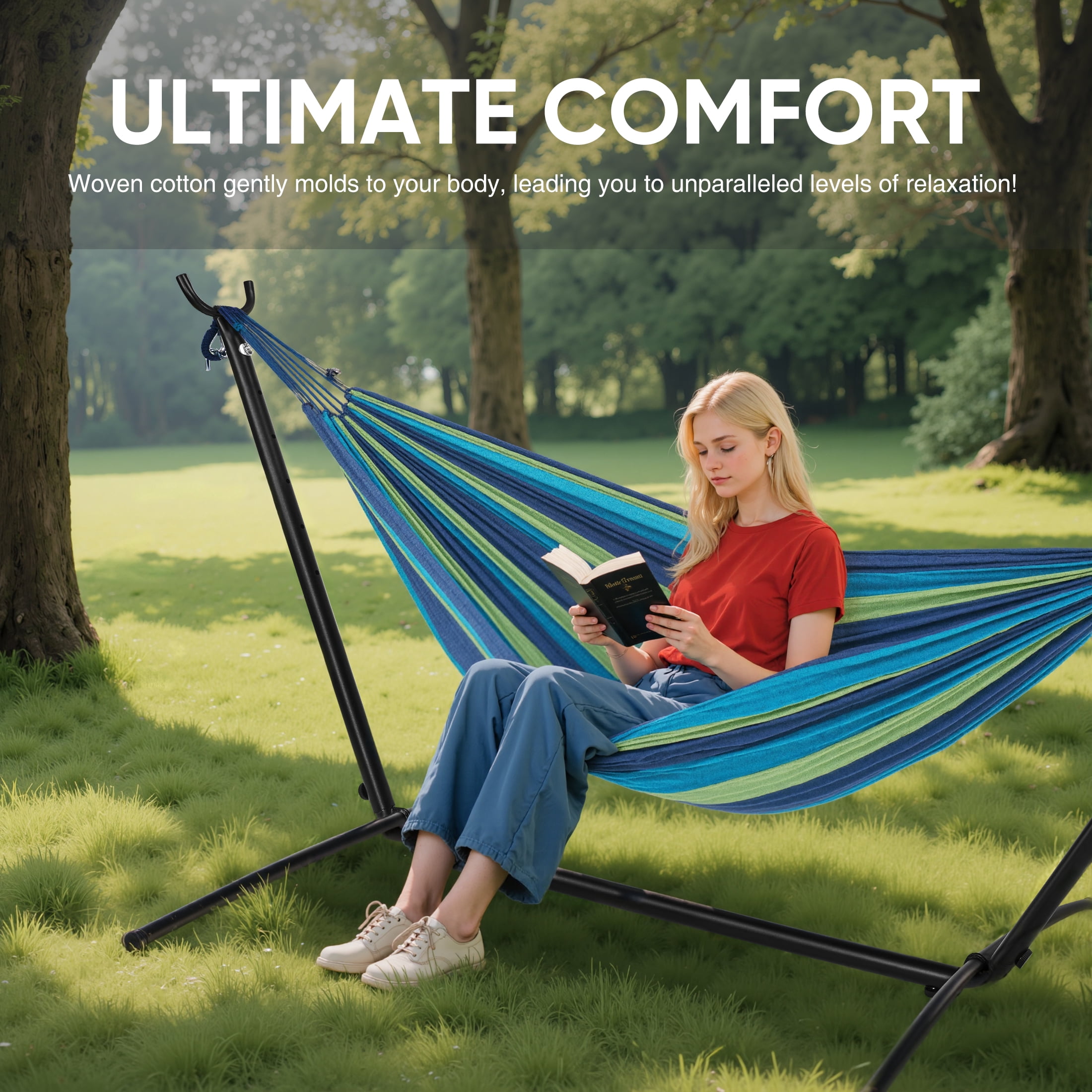 EDX Double Hammock with Space Saving Steel Stand, 2 Person Heavy Duty Outdoor 450lb Capacity Standing Hammocks, Upgraded Polyester End Strings, Portable Carrying Bag Included, Blue Green Stripes