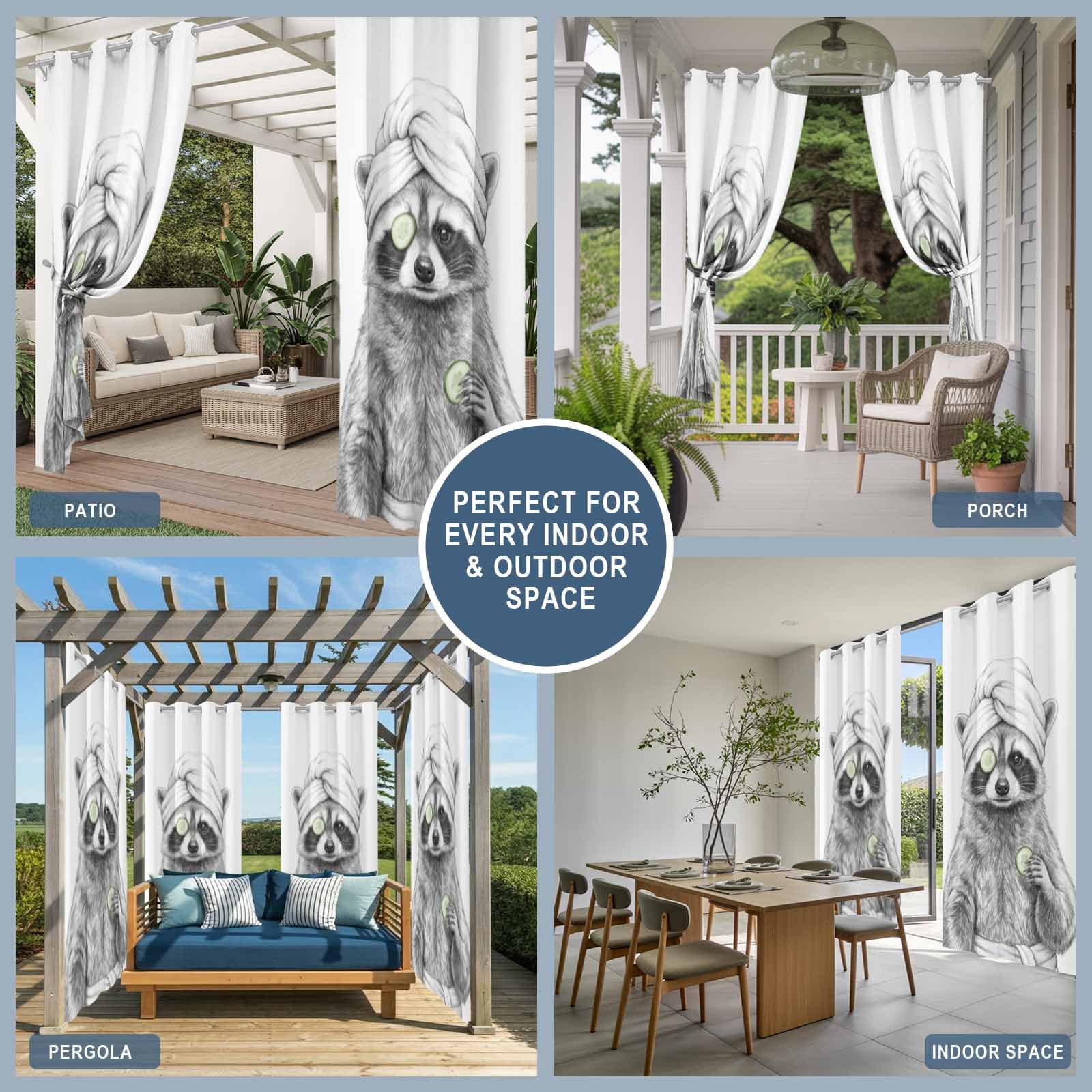 Grey Animals Outdoor Curtains for Patio, Funny Raccoon with Bath Wrap Cucumber Slice Gray Modern Sunshade Privacy Drapes Grommet Waterproof Outside Curtains for Porch/Cabana/Balcony 54"x108", 1 Panel