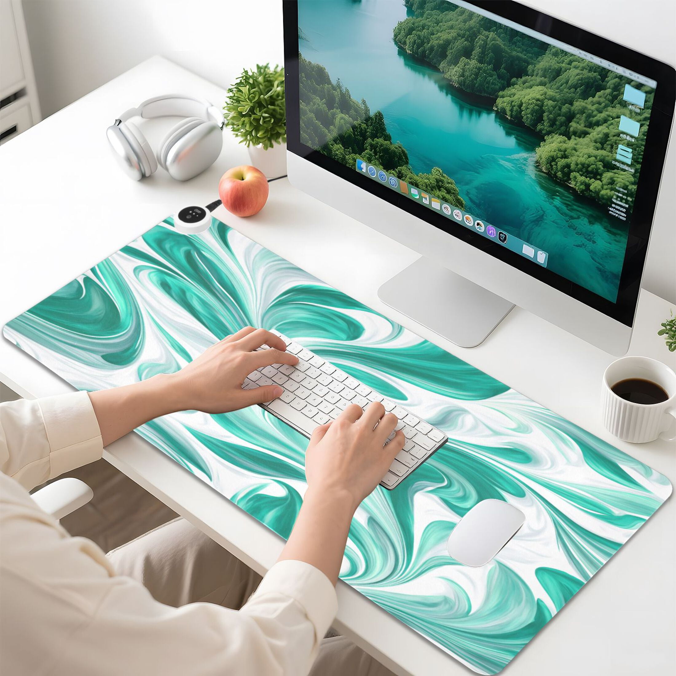 Large Heated Desk Mat Mouse Pad 31.5"x13"PU Leather Graphene Heating Desk Warmer with 3 Temperature Settings 110V US Plug Non-Slip Warm Pad for Home, Office, and Gaming Jade Green Marble Pattern