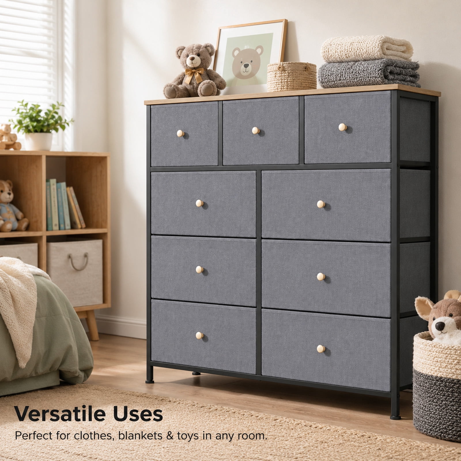 Alvantor 8/9 Drawer Fabric Dresser, Storage Tower for Bedroom and Closet, Chest of Drawers with Sturdy Steel Frame & Wooden Top for Living Room, Entryway