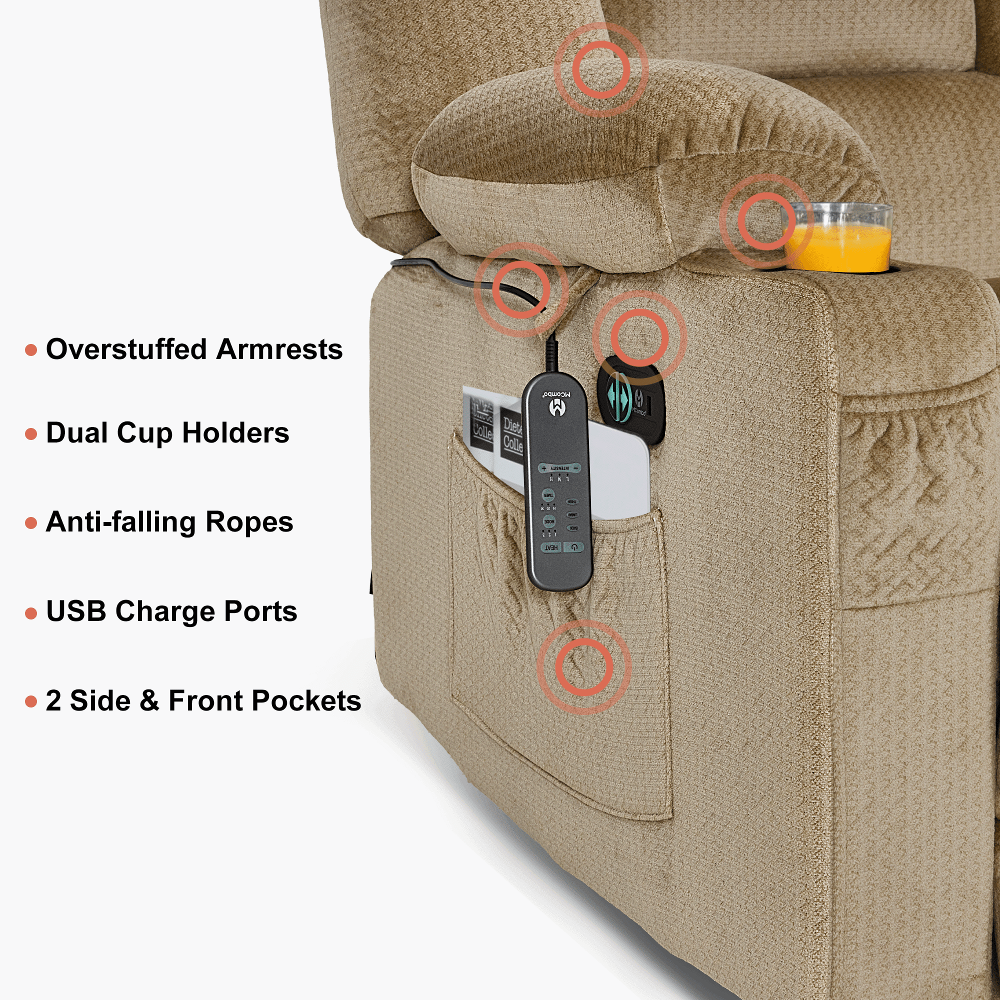 MCombo 3 Seater Zero Gravity Power Reclining Sofa for Living Room, Fabric, Beige