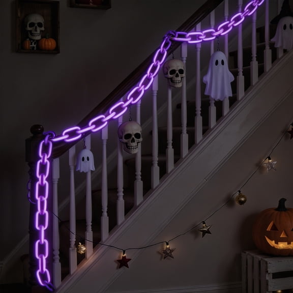 79in Purple LED Chain Halloween String Lights with Remote, Flexible Plastic Glowing Chain Light, Halloween Decorations, Indoor Outdoor Fireplace Mantel Stair Porch Yard Gothic Hanging Lights Supplies