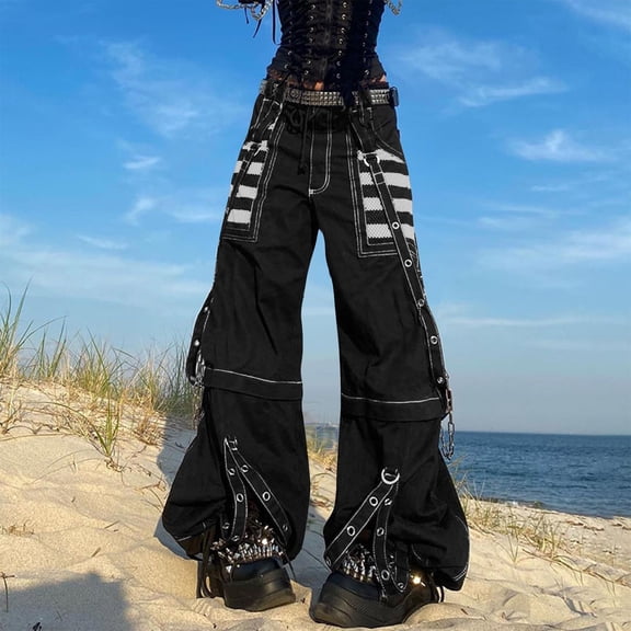 Mifsaly Womens High Waisted Cargo Pants Gothic Techwear Style Baggy Wide Leg Pant Hip Hop Casual Loose Fit Punk Streetwear with Multi Pockets S