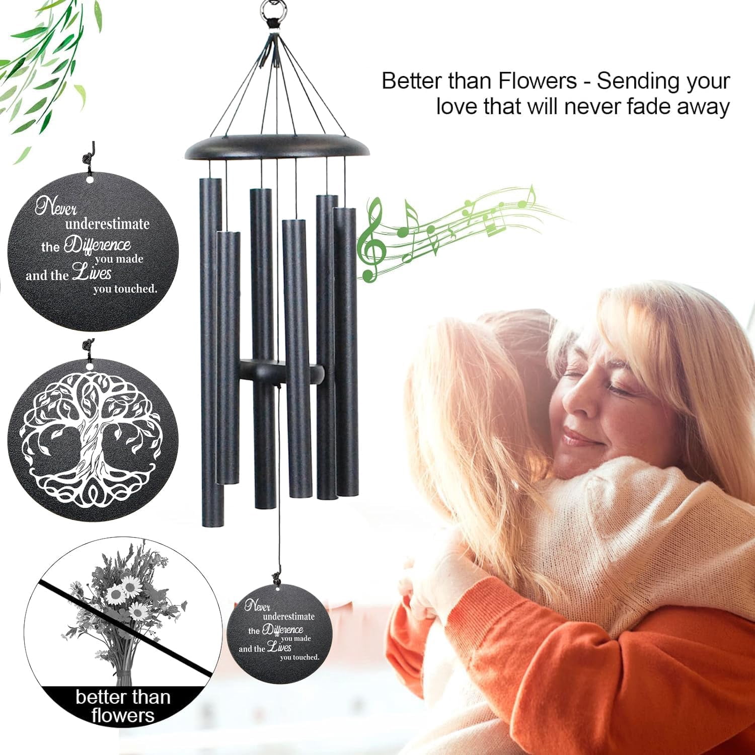 Retirement Wind Chime, Tree of Life, Inspirational Retirement Gifts for Men, Women, Teacher, Co-Worker, Employee, Nanny, Nurse (Black)