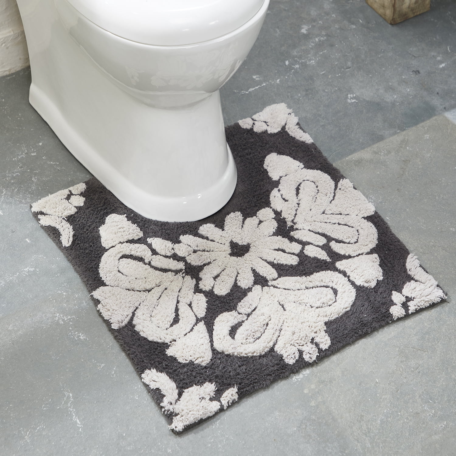 Better Trends 4 Piece Bathroom Rug Set 100% Cotton Extra Soft Tufted Bath Rug Water Absorbent Non-Slip Bath Mat Machine Washable (Charcol) Medallion Collection