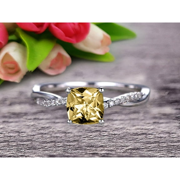 10k White Gold Champagne Diamond Moissanite Engagement Ring With 1.80 Carat 7mm Cushion Cut Vintage Looking