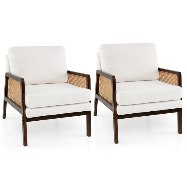 Gymax Set Of 2 Mid Century Modern Accent Chair Living Room Armchair w/ Rattan Arms Brown