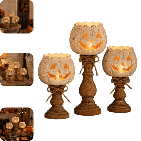 3PCS Rustic Pumpkin Tealight Candle Holder Set, Vintage Halloween Decor Distressed White Pumpkin Tea Light Holders Rustic Cottage Home Mantel Decorations