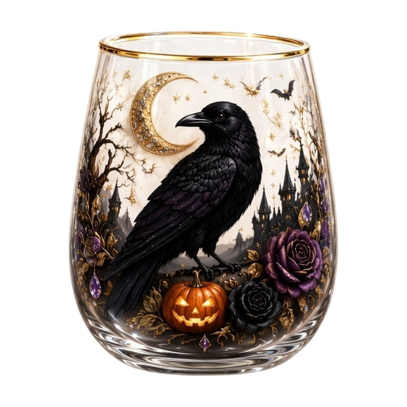Grbtsrd Glass Cups, Halloween Gothic Crow Stemless Wine Glass,Gold Rim Clear Glass Cup with Raven Pumpkin Castle Moon Pattern,Spooky Dark Floral Halloween Table Decor Gift for Women Wine Lovers