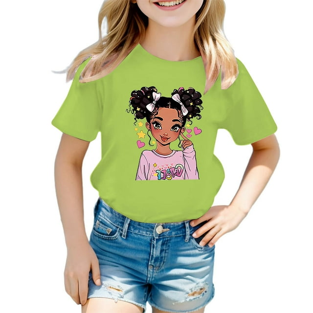 MEZZALL T-Shirt Graphique Mignon pour Fille, Col Rond, Manches Courtes, Tee d'Été Décontracté, T-Shirts Hauts, Vert Pâle, 9-10 Ans