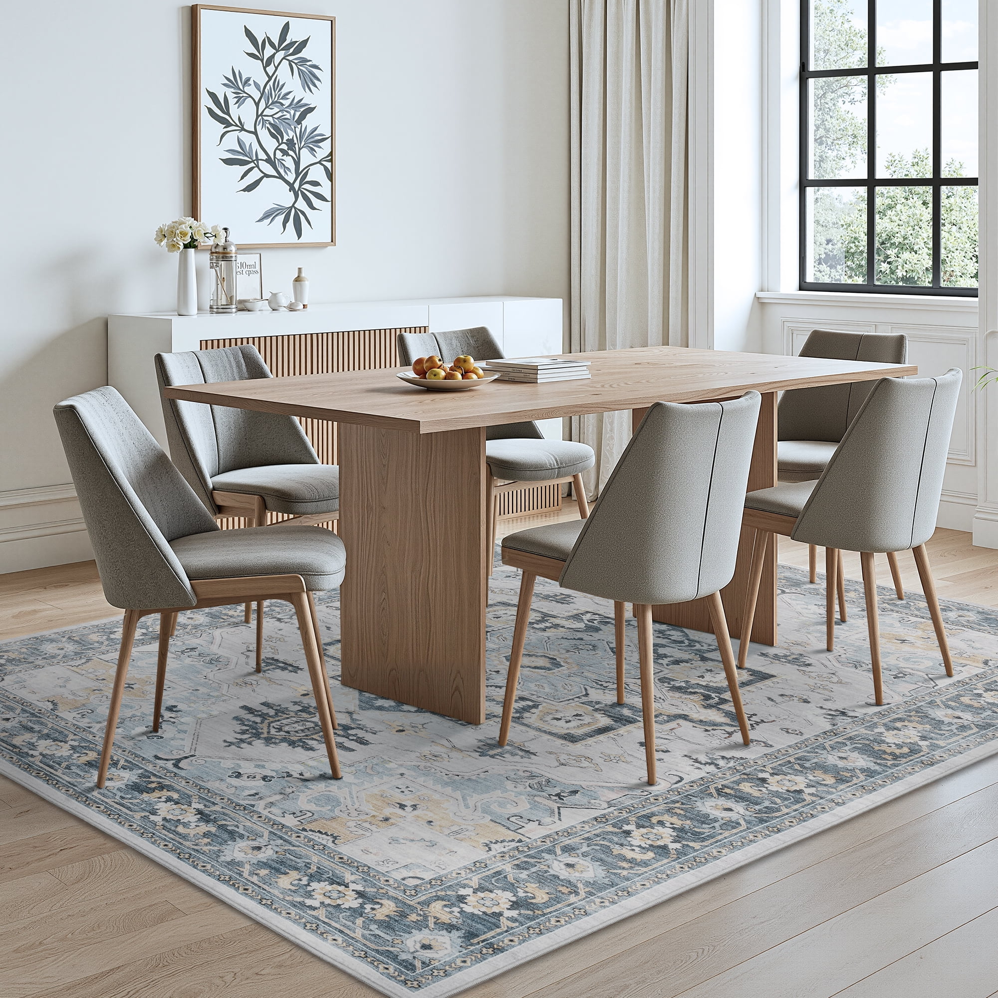 SIXHOME 9'x12' Area Rugs for Living Room Washable Traditional Distressed Carpet Non Slip Soft Retro Floral Indoor Throw Rug for Bedroom Dinning Room Vintage Blue
