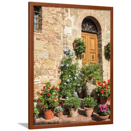 Italy, Tuscany. Flowers by House in the Medieval Town Monticchiello Framed Print Wall Art By Julie