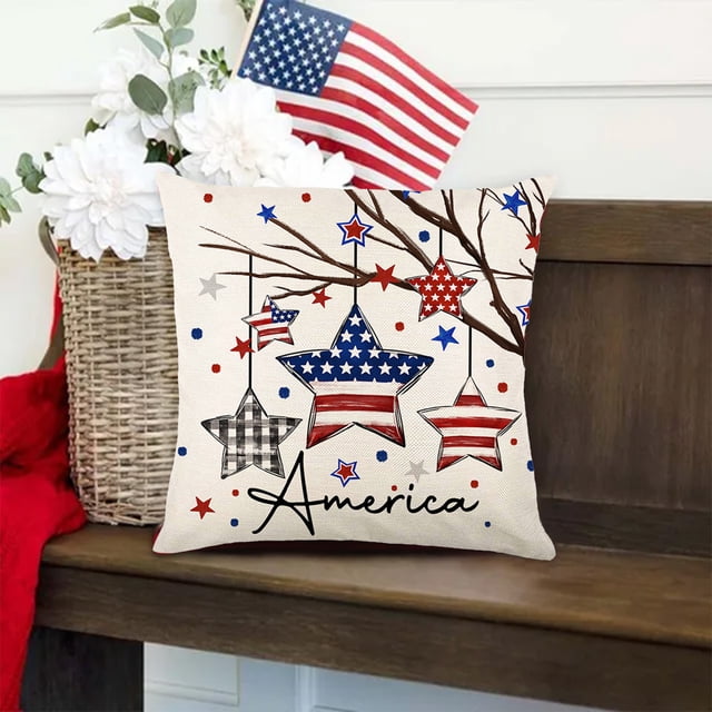 Funda de almohada del Día de la Independencia de 45 x 45 cm | Diseño de bandera patriótica del 4 de julio | Funda de cojín decorativa para sofá cama y sala de estar