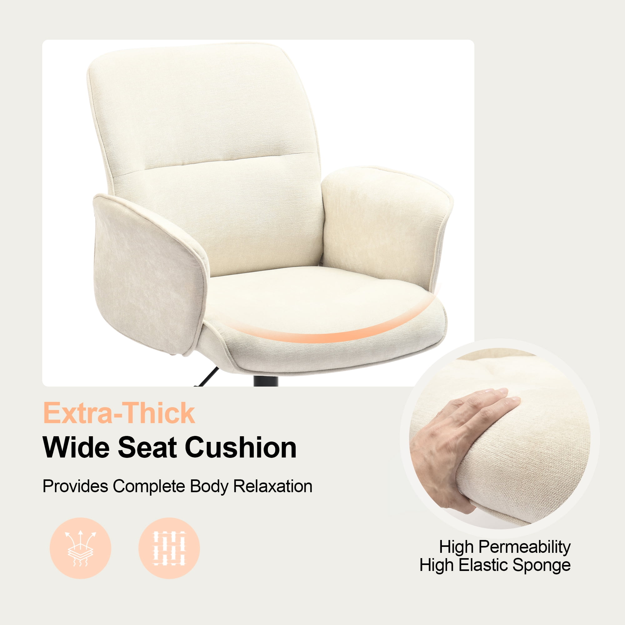 Homy Casa Off White Upholstered Swivel Desk Chair with Arms and Adjustable Height for Vanity