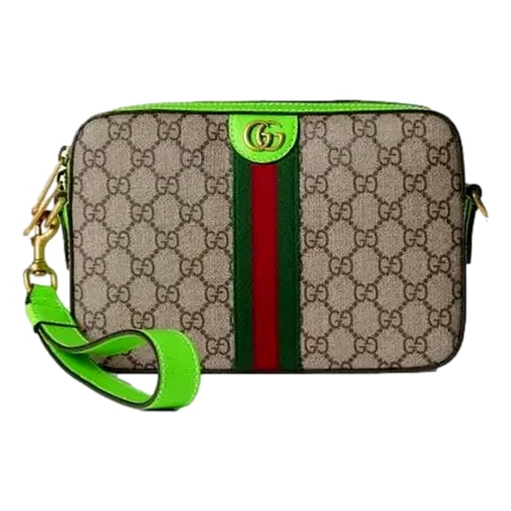 Gucci Ophidia GG Supreme Canvas Small Crossbody Bag Beige Ebony Monogram Neon Green Leather Trim Web Stripe Double G Shoulder Handbag