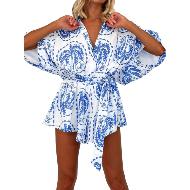 Mialoley Femmes Été Short Combinaison Coeur/arbre/point Imprimé Manches Revers Bouton Dwon en Vrac Rompers