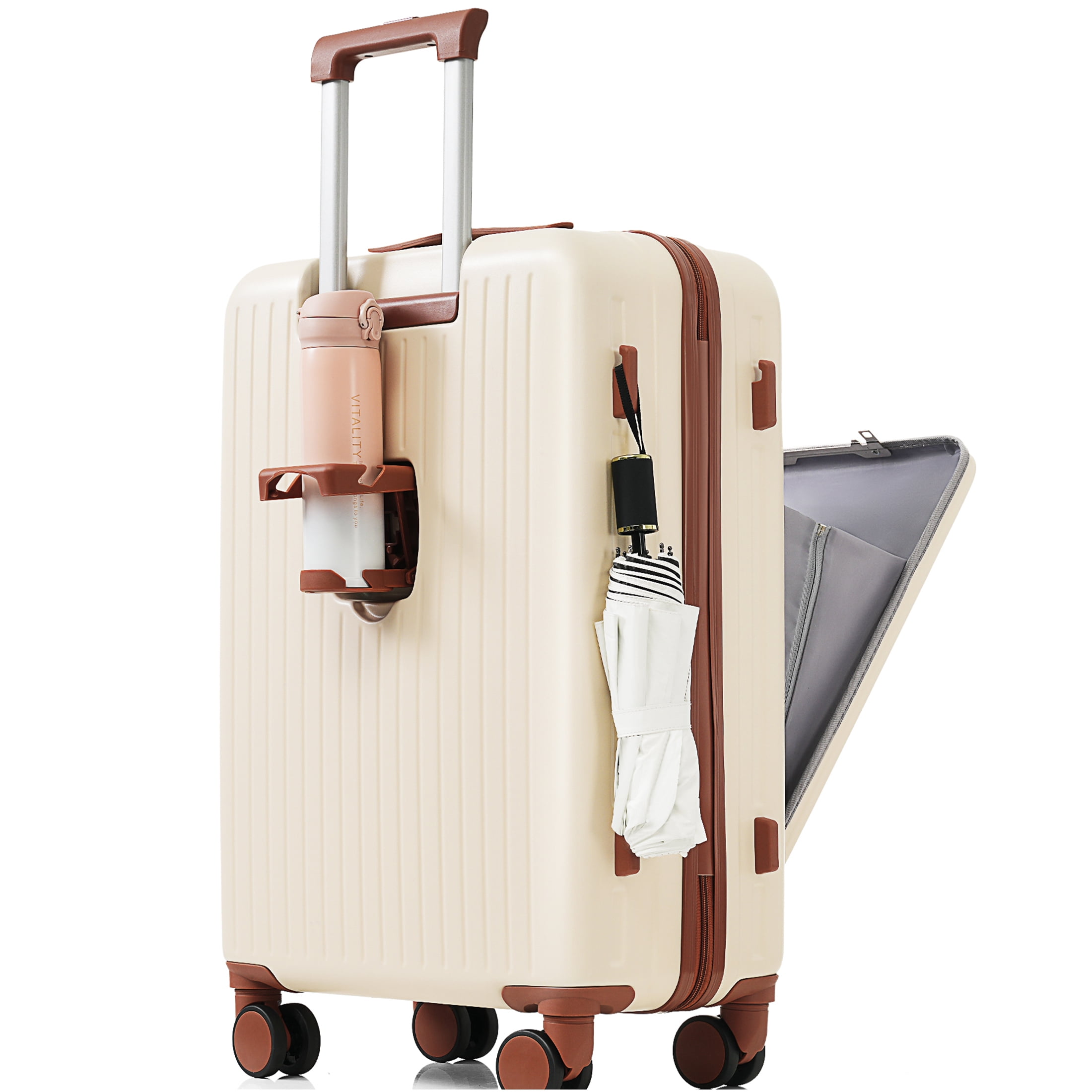 JERFIT 3-Piece Hard Shell Spinner Luggage Set with USB Port, Front Pocket & Cup Holder, Airline Approved Carry On, ABS Suitcase in Ivory