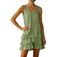 thumbnail image 7 of Women's Summer Cotton Linen Blend Solid Color Dress Sleeveless V-Neck Tiered Ruffle Hem Casual Mini Dress Army Green XXL(XXL), 7 of 7