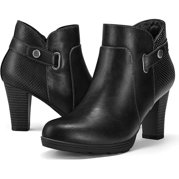 Pennysue Women's Thin Chunky Heel Ankle Booties Black Zipper Short Boots For Women Size 8