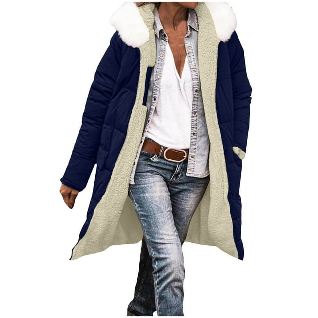 yardsong Veste Zippée Doublée en Sherpa pour Femme - Doudoune d'Hiver Surdimensionnée Réversible Bleu Marine,P