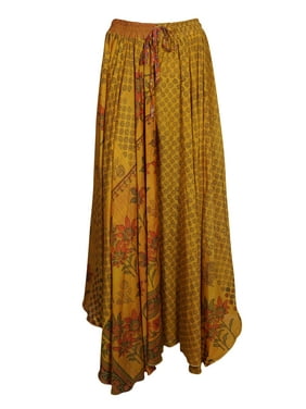 Mogul Women Orange Maxi Skirt Wide Leg Full Flare Vintage Printed Sari Divided Uneven Gypsy Hippie Chic Long Skirts S