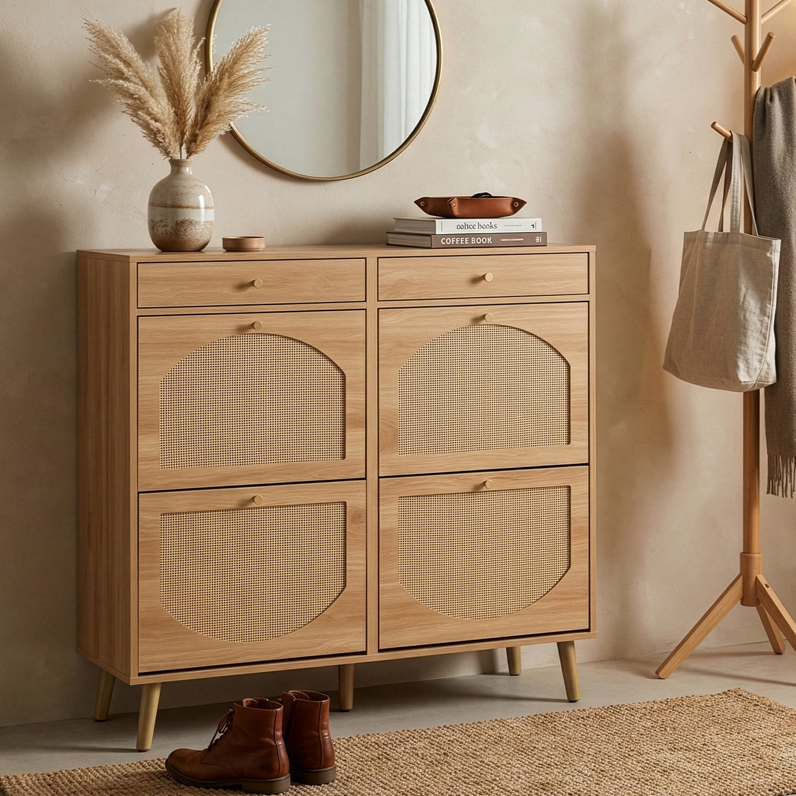 Rattan-Front Shoe Cabinet With 2 Drawers And 4 Flip-Down Compartments, Made Of Particleboard, 105*24*110cm, Natural Wood